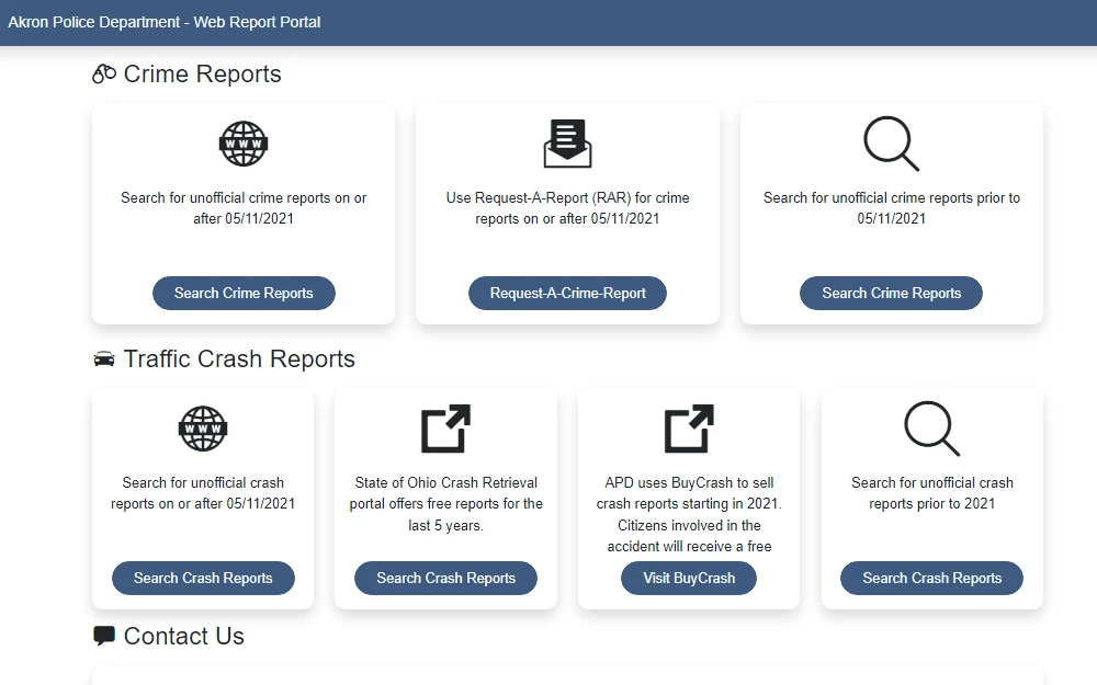 A screenshot of Akron Police Department's Web Report Portal showing several search tools that can be used to find any report, like the Search Crime Report, Request-A-Crime-Report, Search Crash Reports, and other search tools.