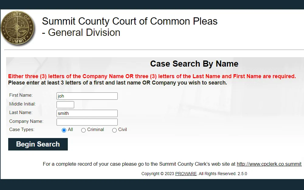 A screenshot of the Case Search tool of the Summit County Court of Common Pleas, wherein cases can be searched by providing the name or business name involved in the case and the case type.