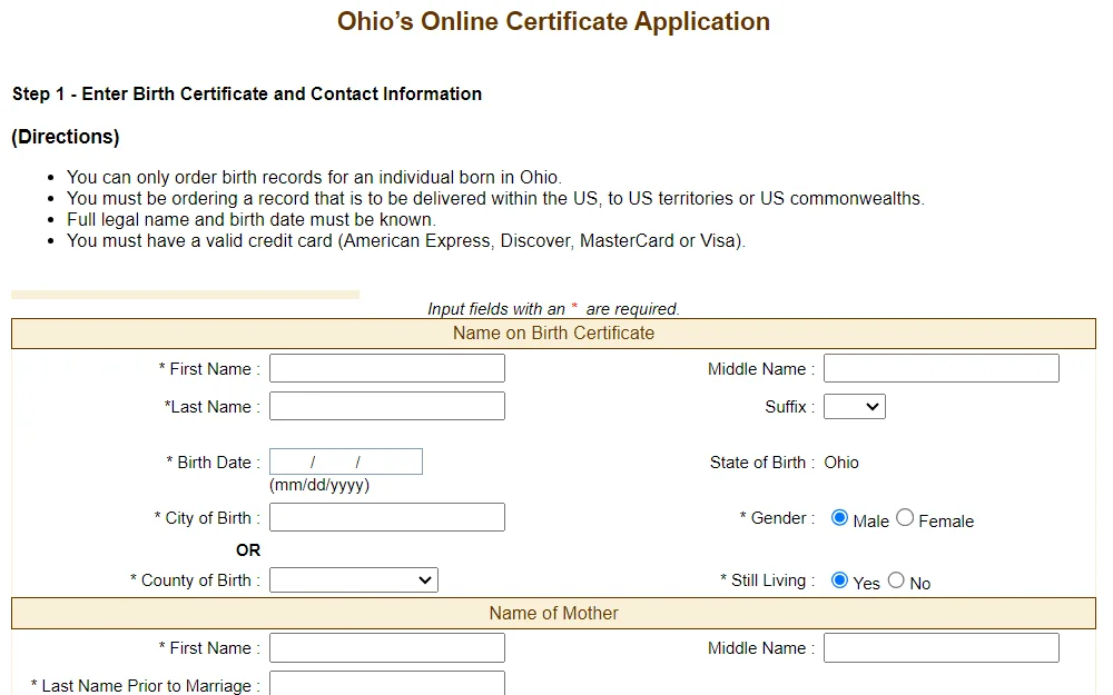 A screenshot of Ohio's Online Certificate Application displaying the first step of applying for a certified birth record, which is to enter the name of the person being requested and the requester's contact information.