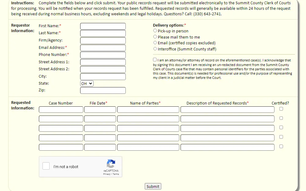 A screenshot of a request form maintained by the Summit County Clerk of Courts where requesters must enter the information required to get public records.