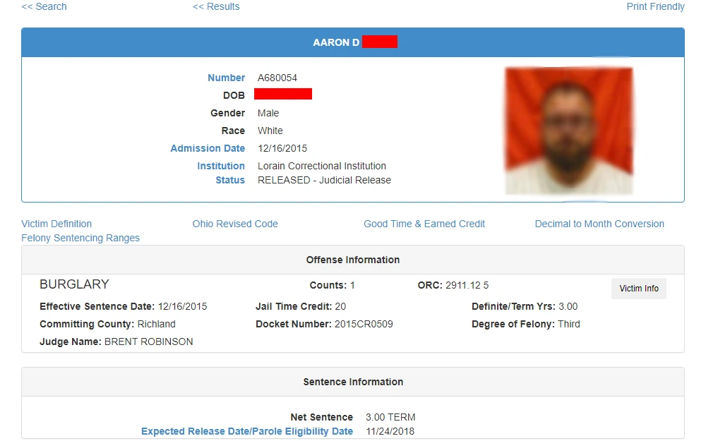 A screenshot displaying a sample offender's details like personal, offense, and sentence information if researchers look for offenders through the Offender Search tool provided by the Ohio Department of Rehabilitation & Correction.