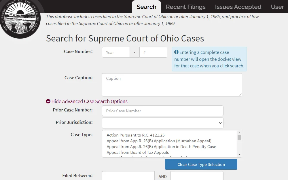 A screenshot of a case search portal where interested individuals may find case records available or provided by the Supreme Court of Ohio.
