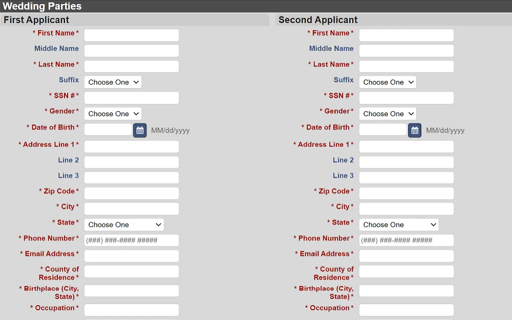 A screenshot of the online marriage license application of the Summit County Probate Court with information to be filled out, such as first, middle, and last name, suffix, SSN, gender, date of birth, address, zip code, city, state, phone number, and email address.