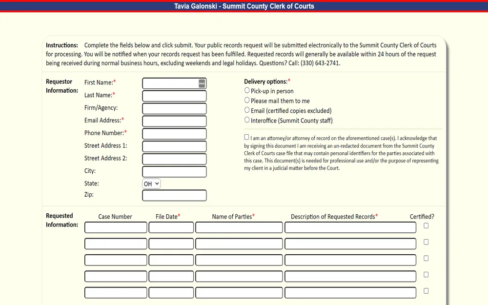 A screenshot of an online form requesting public records from the Summit County Clerk of Courts, with fields for the requester's personal information, case details, delivery options, and a certification option for attorneys, including a disclaimer and contact number for inquiries.