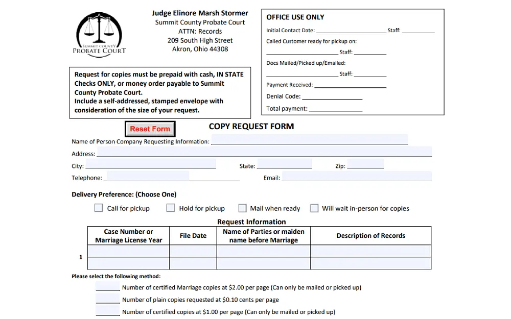 A screenshot showing a records copy request form of the Summit County Probate Court with information to be filled out, such as the name of the person or company requesting information, address, city, telephone, state, email and zip code.